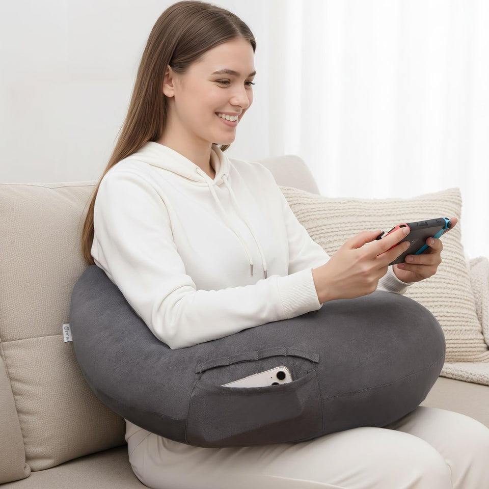 ENITYA extra large ergonomic pillow, side view, ideal for comfortable crocheting and lap tasks.