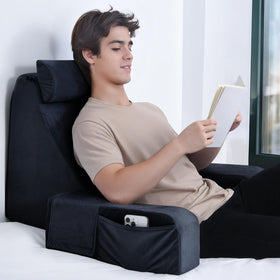 ENITYA Reading Pillow with 45-degree backrest supports neck and spine during reading.