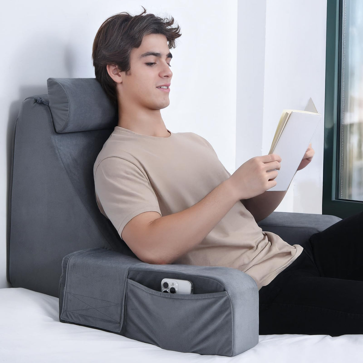 ENITYA reading pillow with angled backrest supports comfortable bed reading