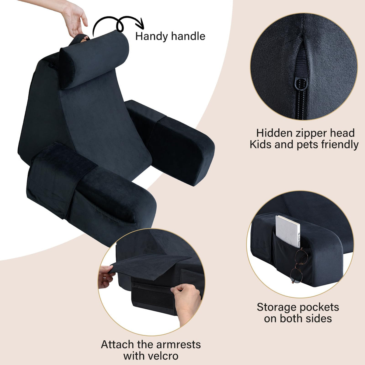 ENITYA Reading Pillow armrests convert to leg pillows for customizable support.