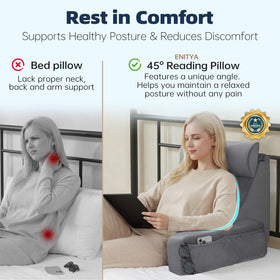 ENITYA reading pillow with attached arms maintains easy reach to essentials