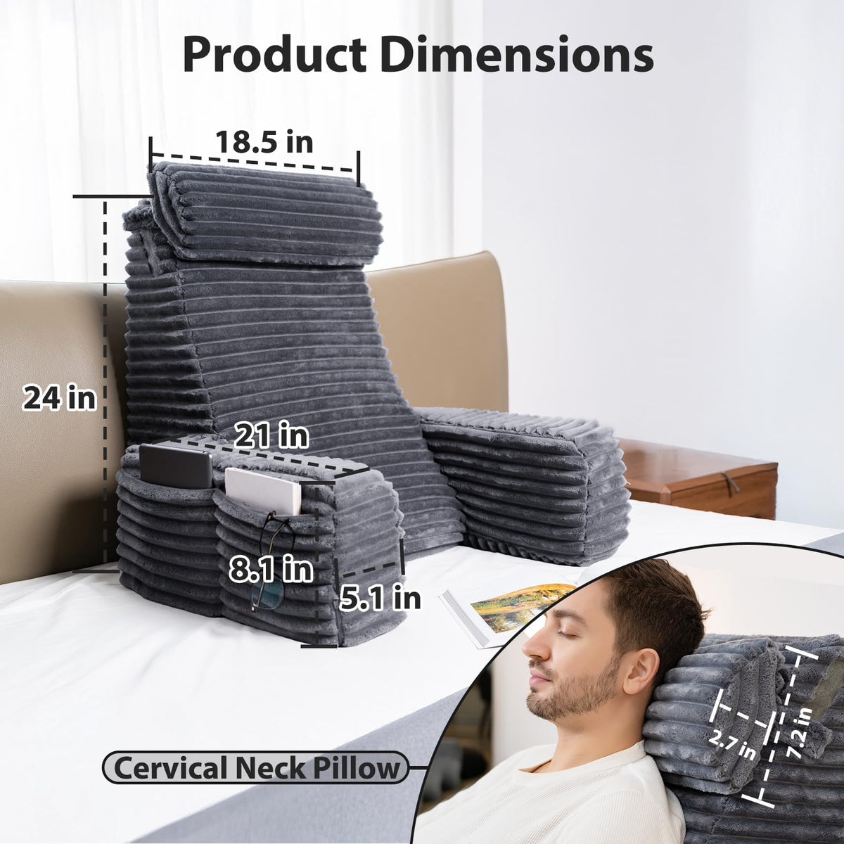 ENITYA reading pillow shows 60-degree ergonomic design supporting neck and back