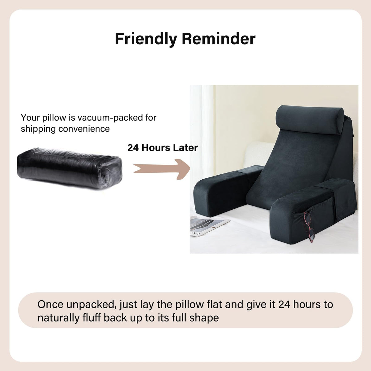 ENITYA Reading Pillow pictured in bed for reading, watching TV, or gaming.