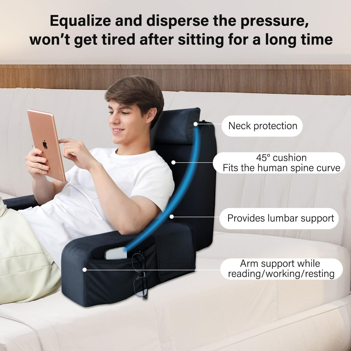 ENITYA Reading Pillow pockets on armrests keep remotes handy.