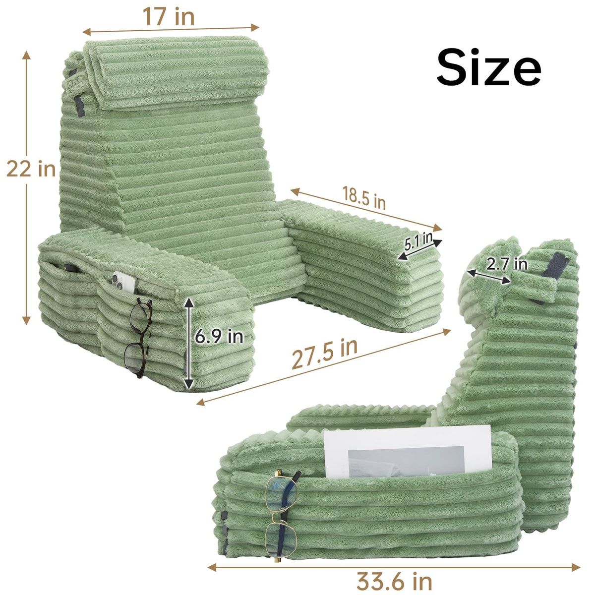 ENITYA reading pillow with large side pockets for essentials