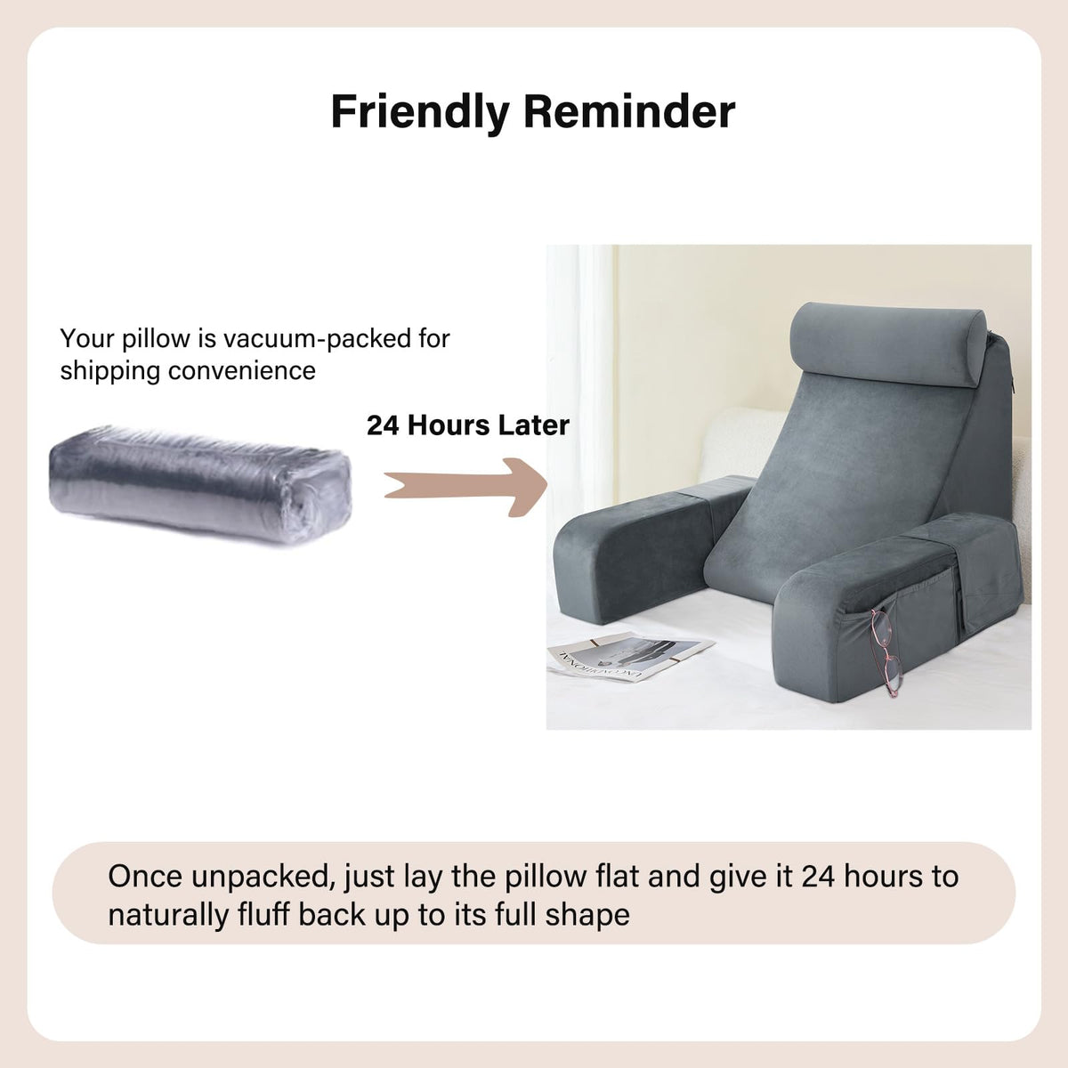 Top handle enables easy portability around bed, couch, or floor