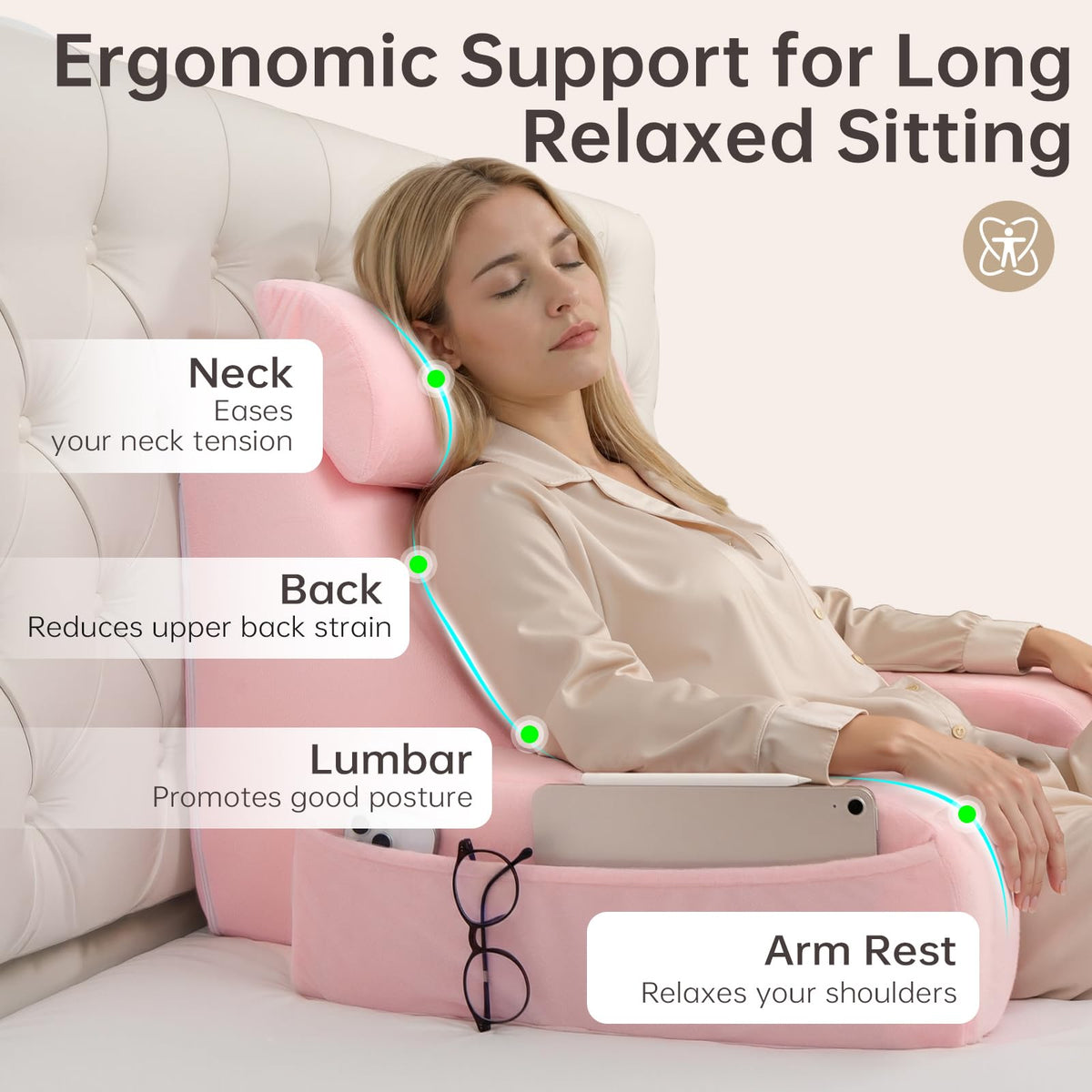 ENITYA reading pillow with built-in arms, side view for stable lounging
