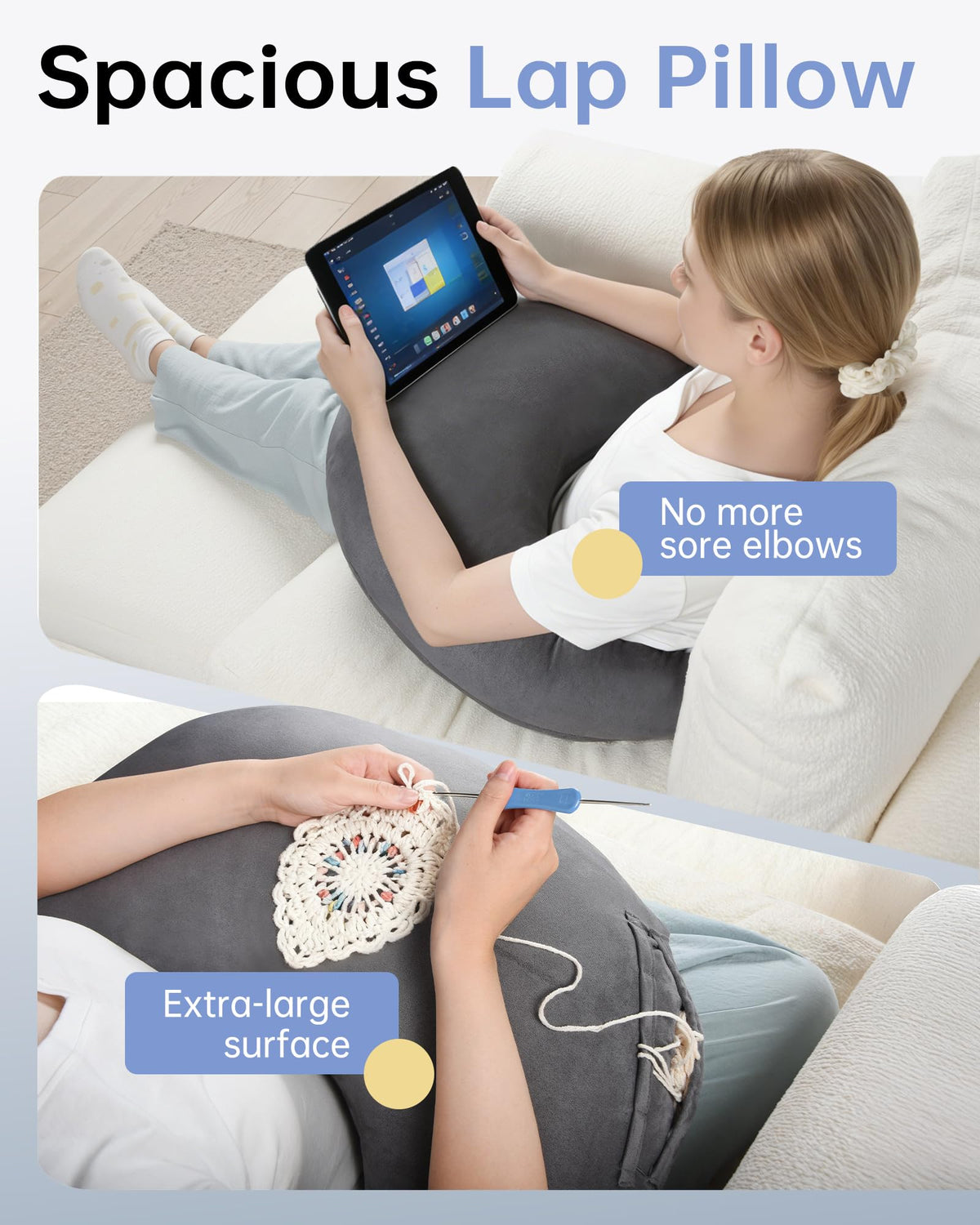 ENITYA U-shape lap pillow, crochet-nursing setup, supports hands during long sessions.