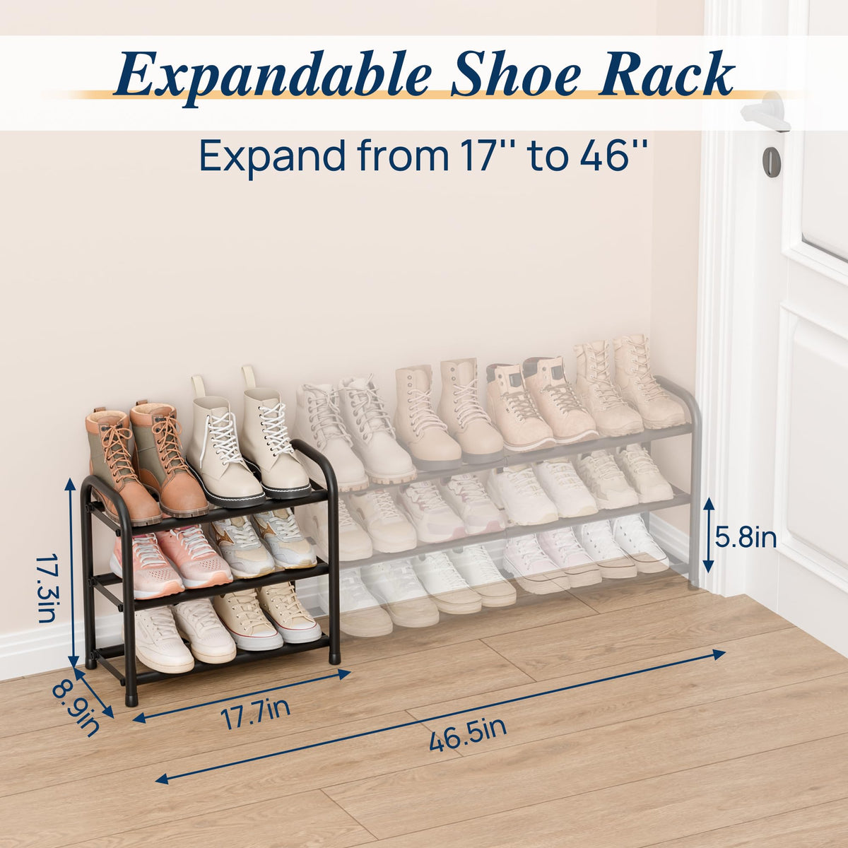ENJOYBASICS sleek black finish rack organizing a compact space with six pairs of shoes