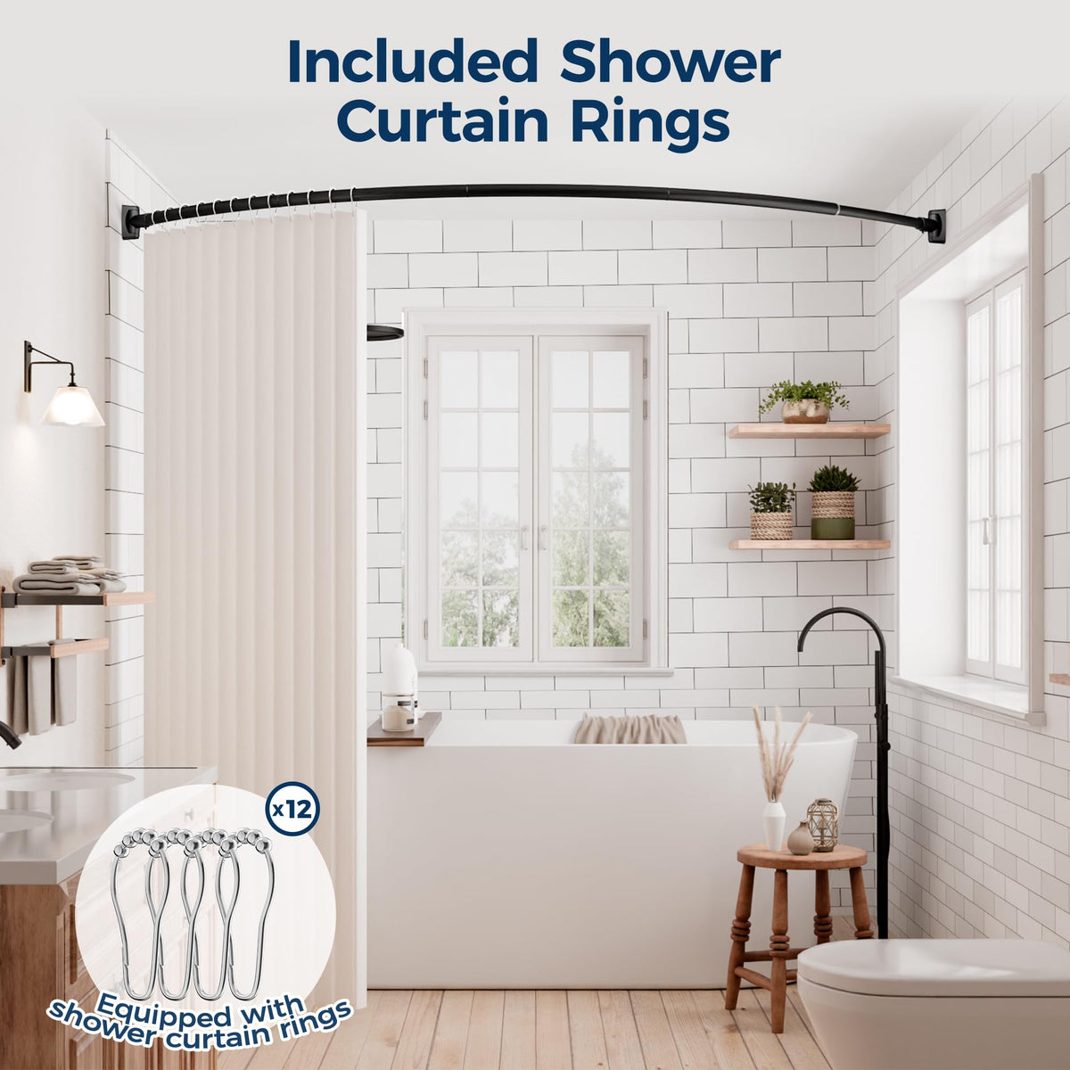 ENJOYBASICS shower rings included for smooth, effortless curtain operation.