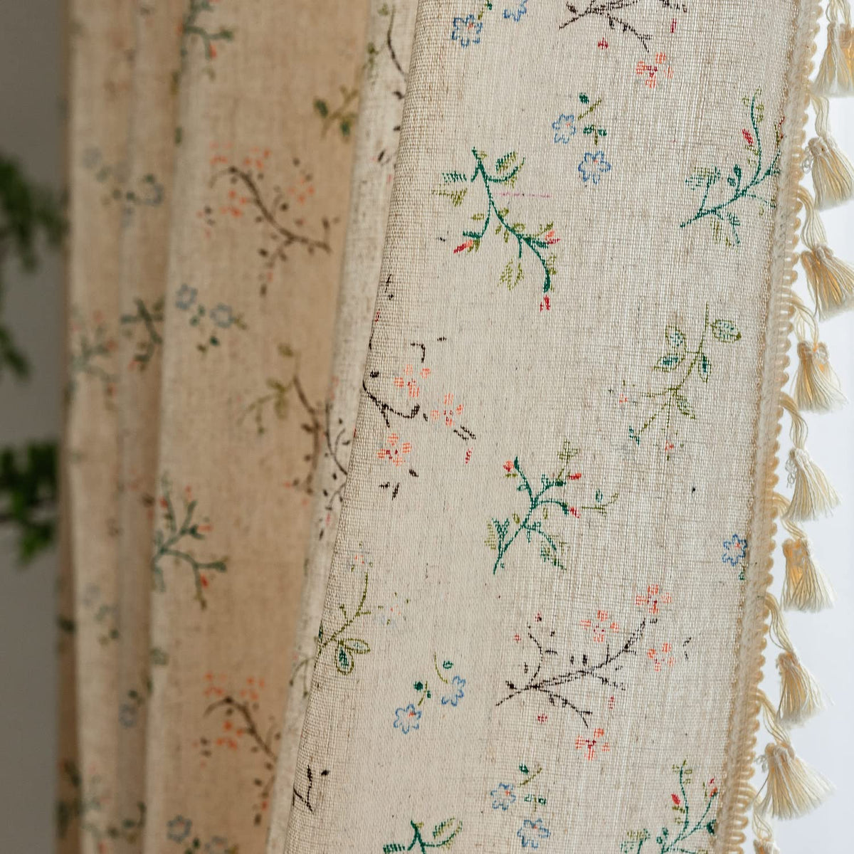 EnjoyBridal tassel beige rod-pocket close-up showing easy hanging and decorative detail