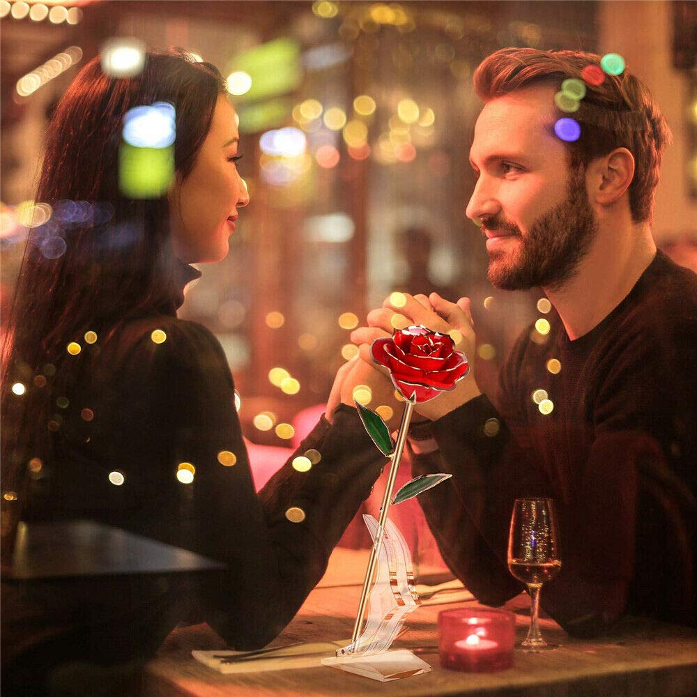 ENJOYPRO Golden Rose Stand displays the rose on a clear acrylic pedestal for gifting
