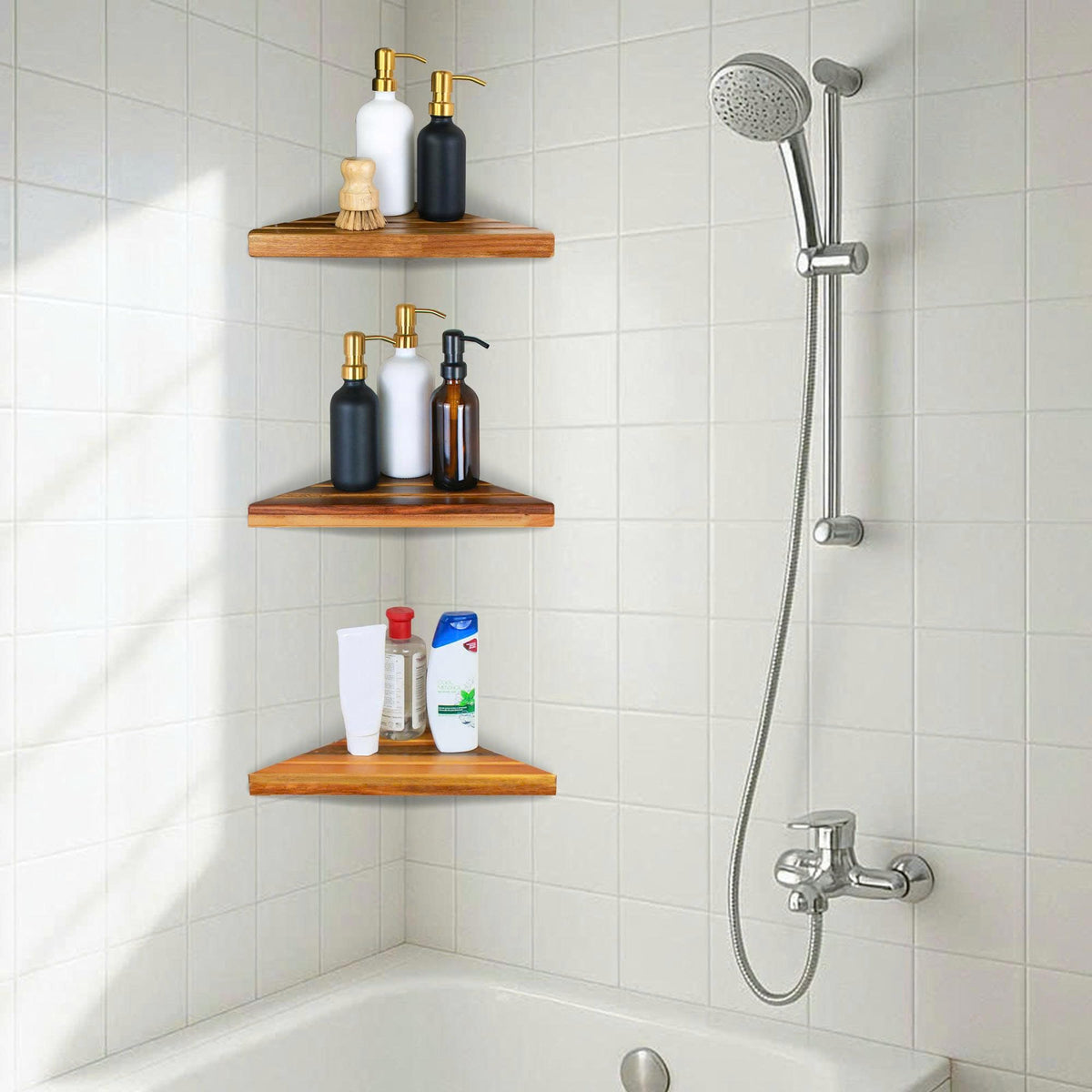 ENKEZI Acacia 2-Tier Corner Shelf keeps shower items organized and accessible.