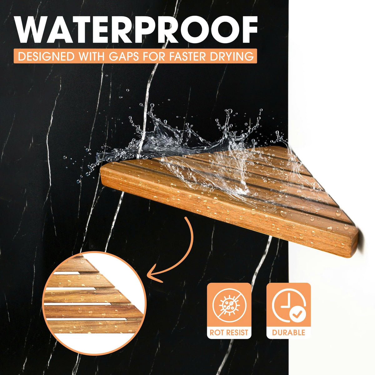 ENKEZI Acacia 2-Tier Corner Shelf adheres securely without drilling on tile surfaces.