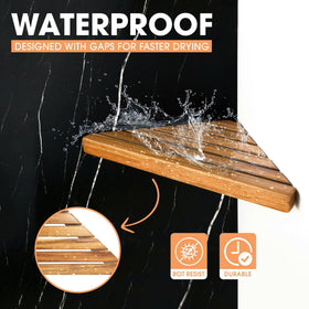 ENKEZI Acacia 2-Tier Corner Shelf adheres securely without drilling on tile surfaces.