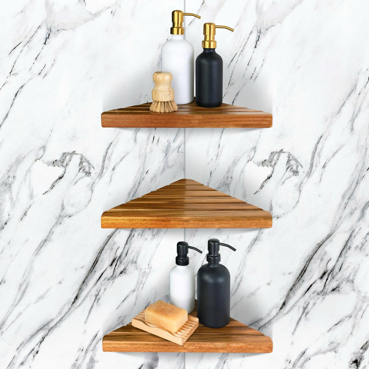 ENKEZI Acacia 2-Tier Corner Shelf mounted on tiled shower wall for extra storage.