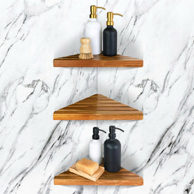 ENKEZI Acacia 2-Tier Corner Shelf mounted on tiled shower wall for extra storage.