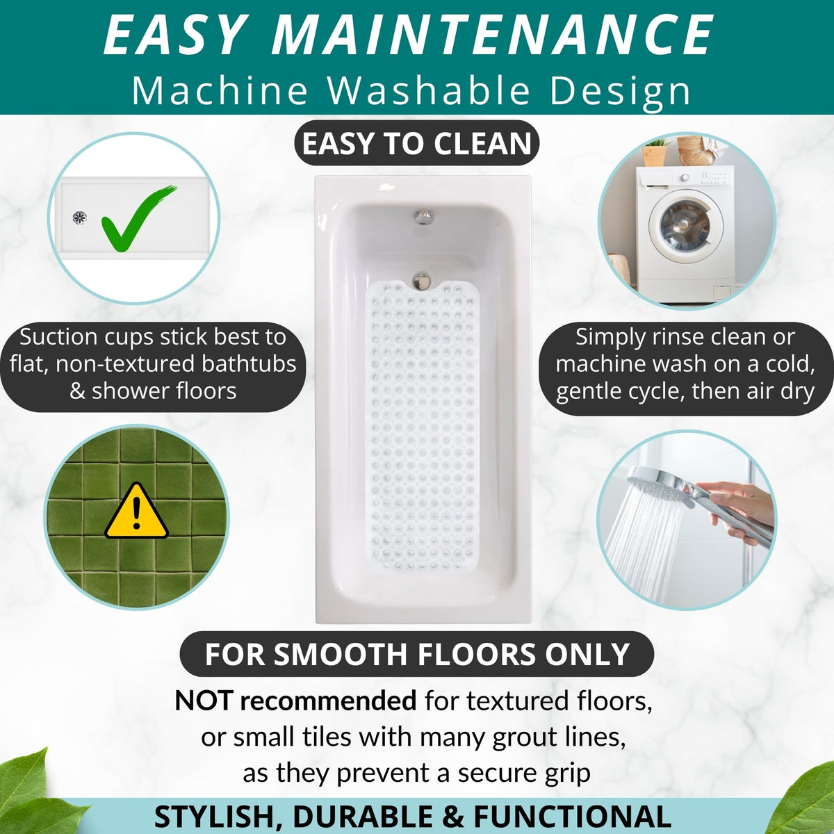 ENKOSI bath mat edge-hug design around tub floor to prevent slips.