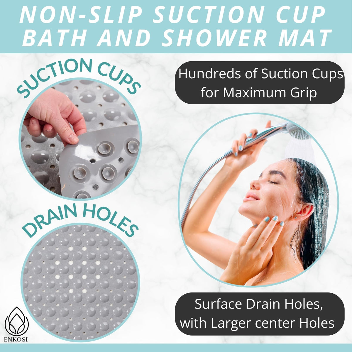 ENKOSI drain-hole design promoting quick water drainage after showers