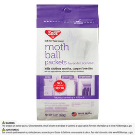Enoz lavender-moth-ball-packet on a closet shelf guards woolens against moths and eggs.