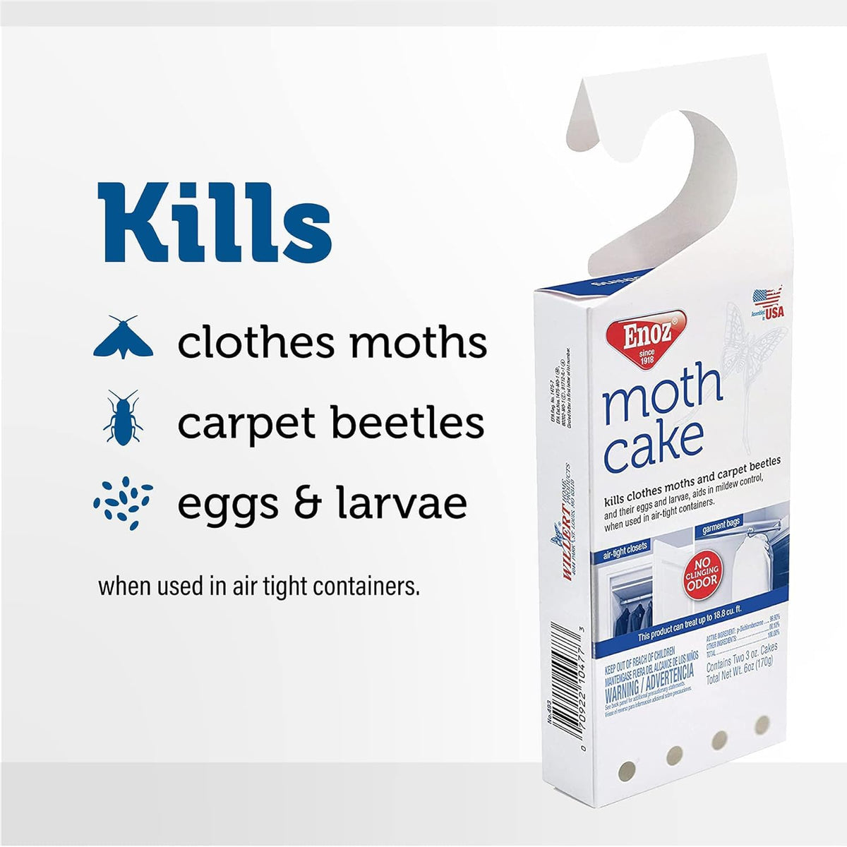 Enoz Moth Cake hanging hook demonstrates easy closet placement.