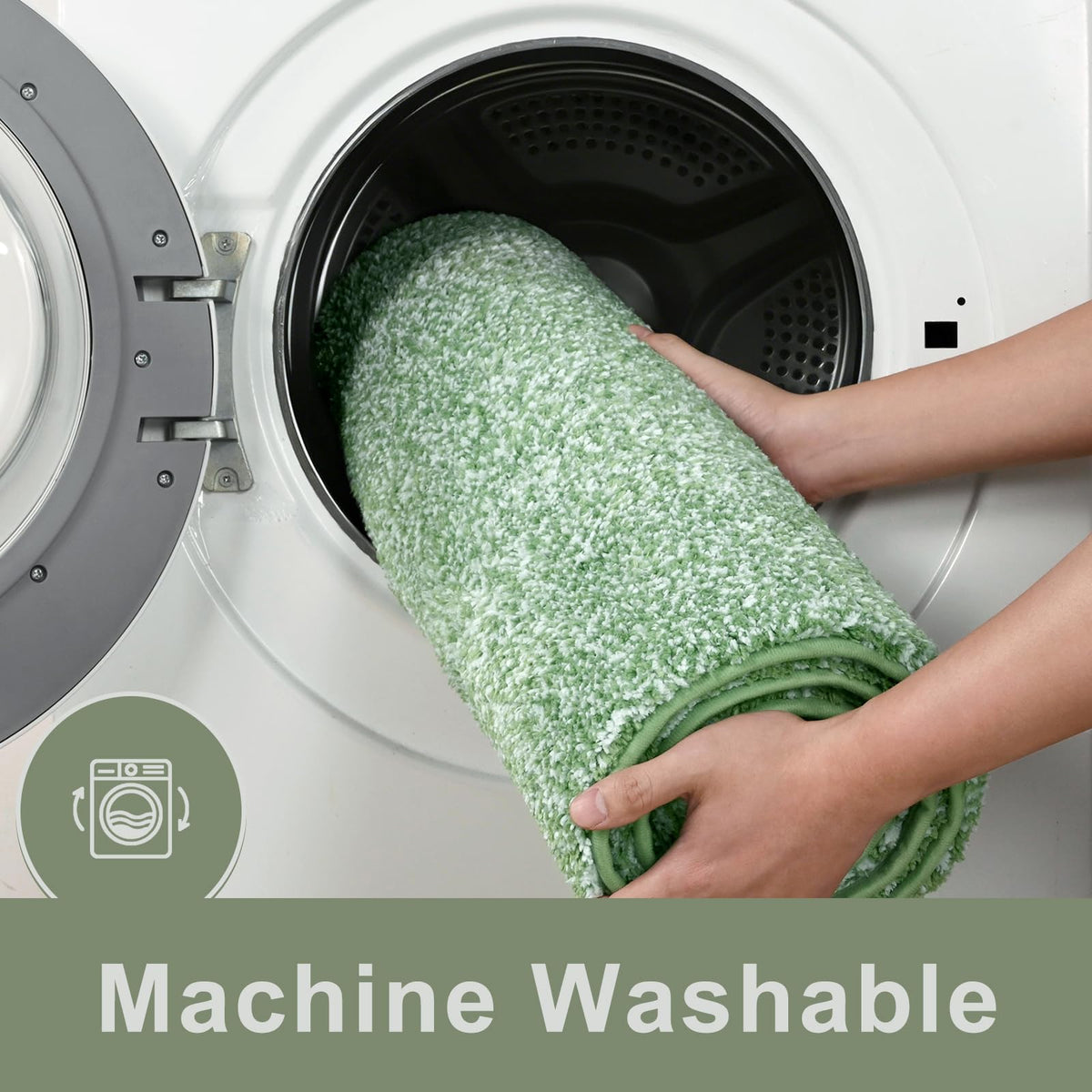 Enqinar green and white runner adds color and style to a bathroom.