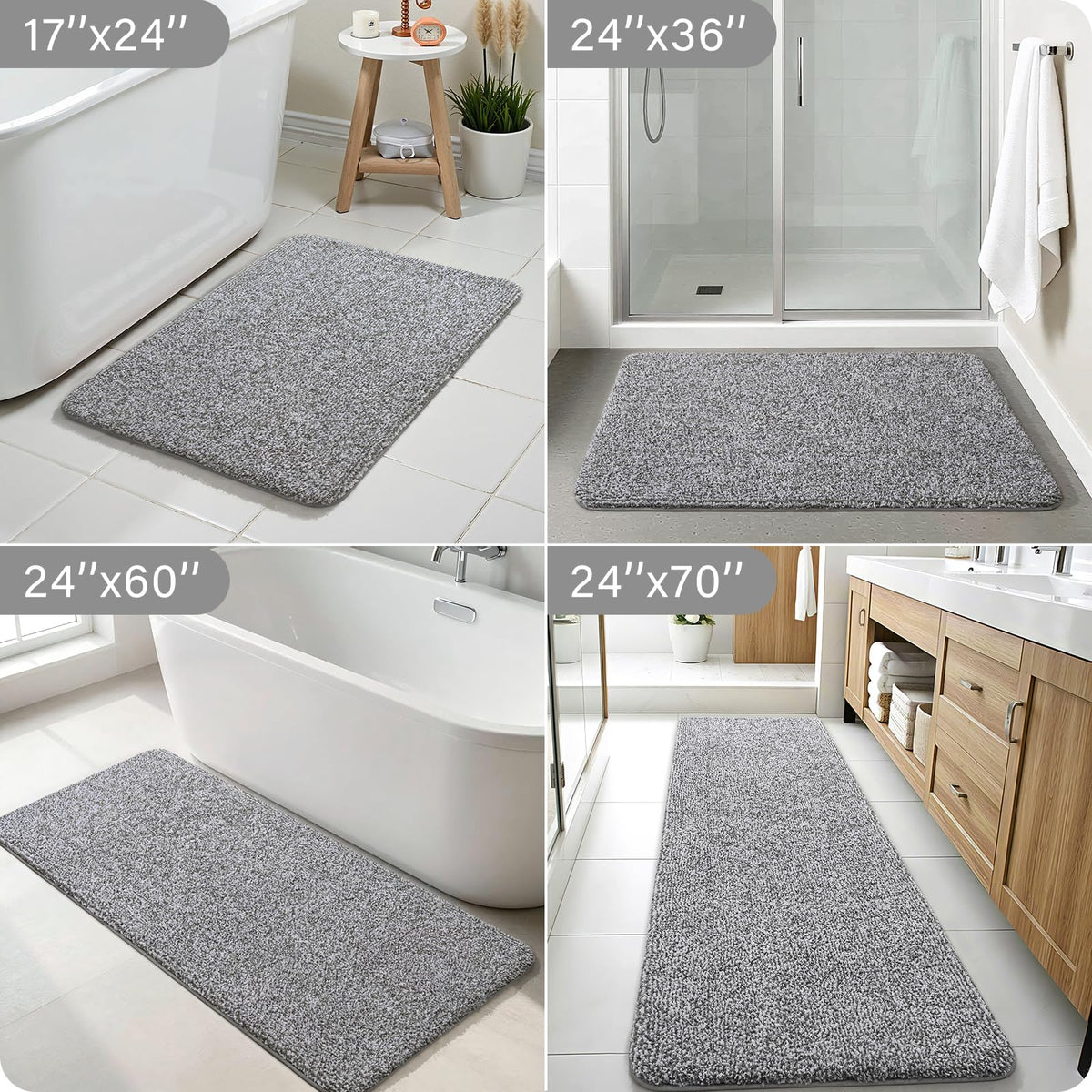 Enqinar multi-purpose rug shown in bathroom and hallway settings for versatile use