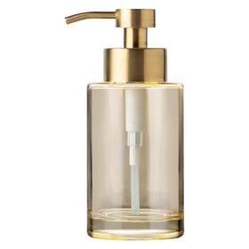 Enra thick glass soap dispenser with gold pump, ideal for hand soap on the bathroom counter.