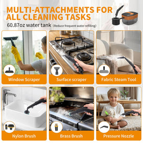 Enromted steam cleaner attachments expand cleaning options on multiple surfaces.