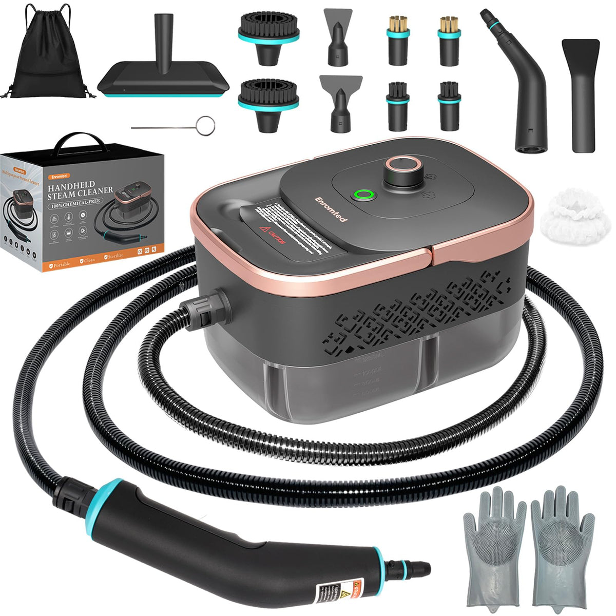 Enromted steam cleaner front view showing portable, powerful home cleaning capability