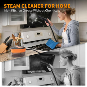 Enromted steam cleaner long cord and hose extend reach across rooms.