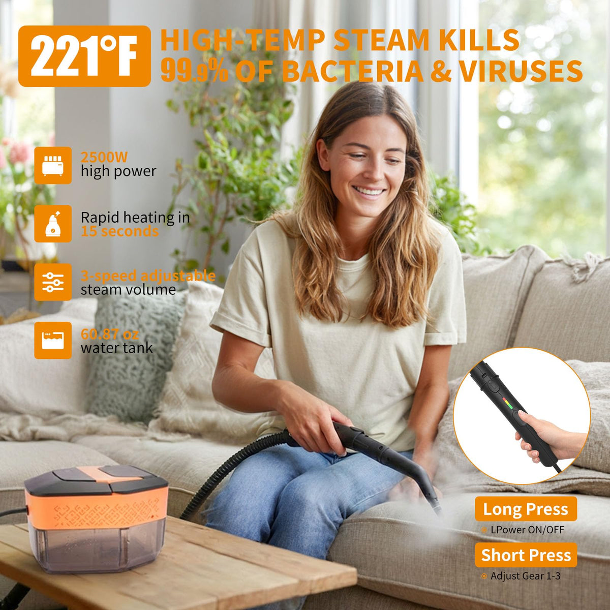 Enromted steam cleaner large water tank supports long cleaning sessions.