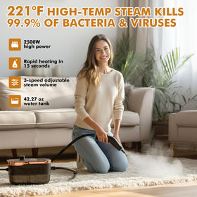 Enromted steam cleaner water tank visible for long cleaning sessions with fewer refills