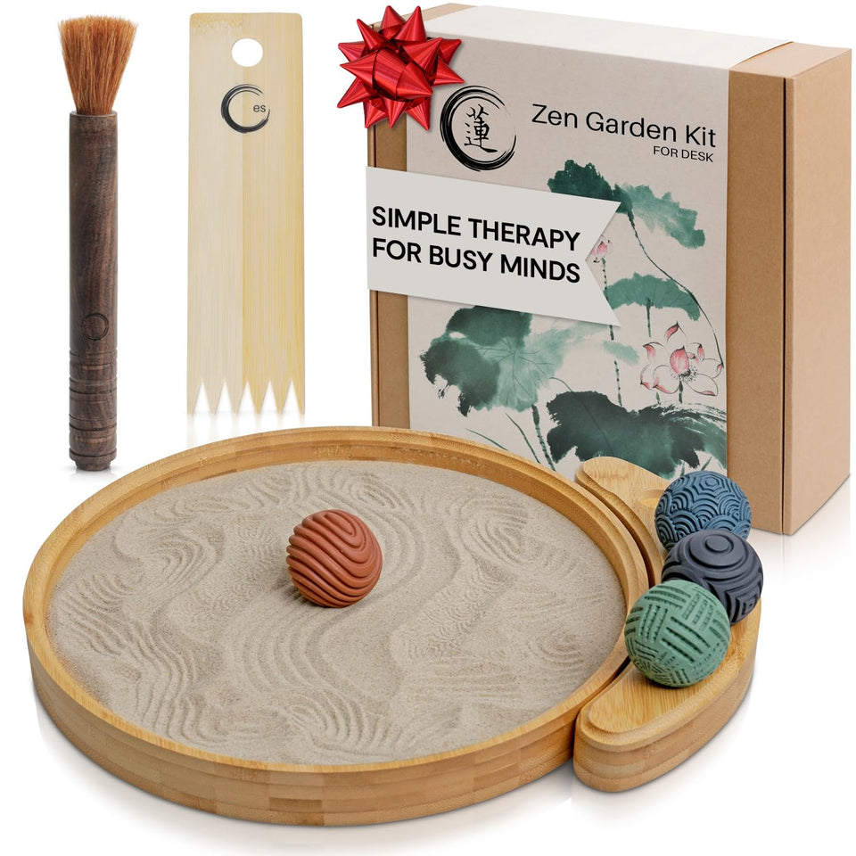 Enso Sensory Zen Garden Kit on bamboo tray promotes desk calm and focus.