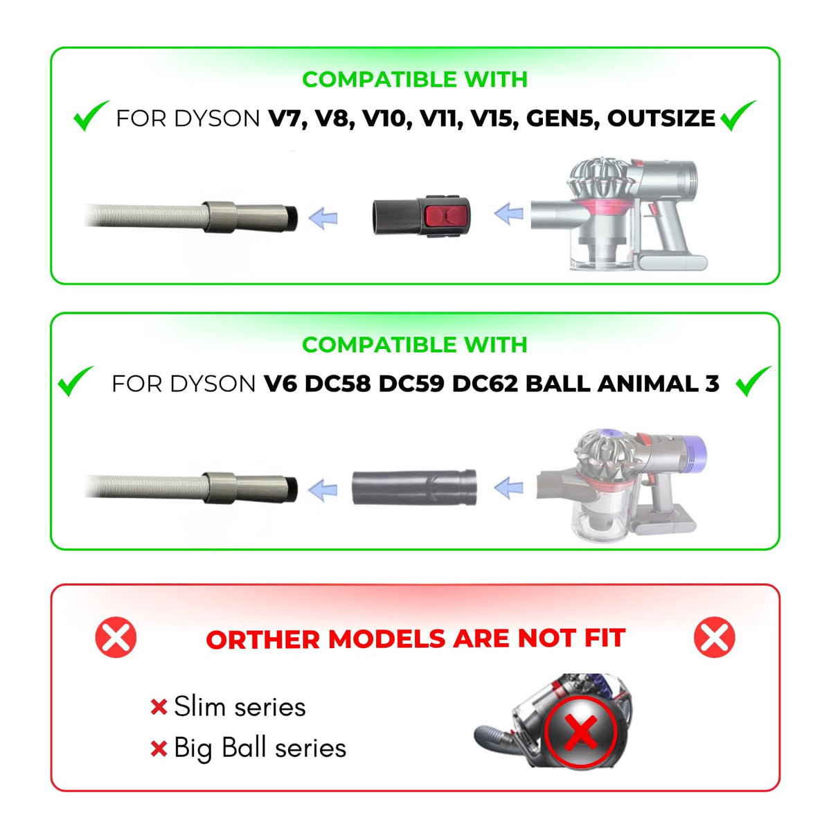 ENUKYCOM Dyson-compatible hose adapter shown for simple setup