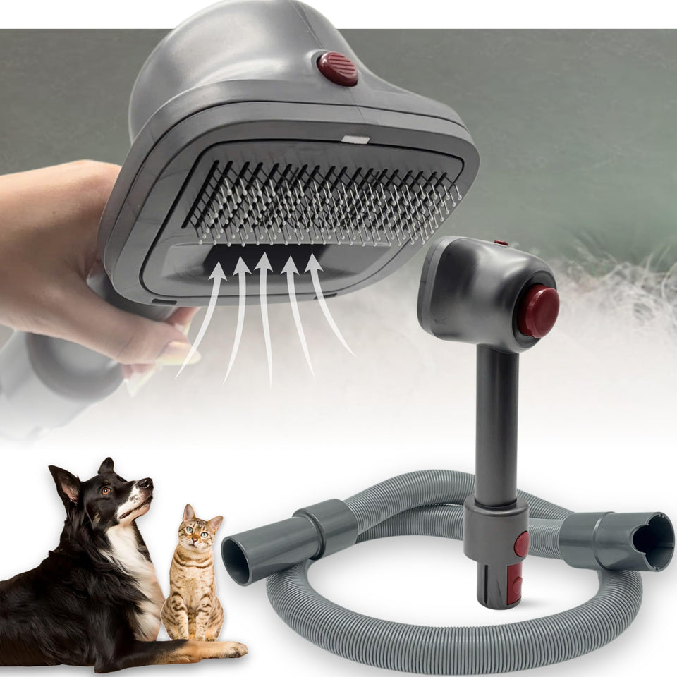 ENUKYCOM pet hair grooming brush vacuum attachment used during grooming to pick up fur