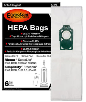 EnviroCare 6-pack HEPA replacement bags ready for replacement in Riccar SupraLite uprights