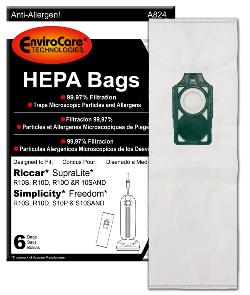 EnviroCare 6-pack HEPA replacement bags ready for replacement in Riccar SupraLite uprights