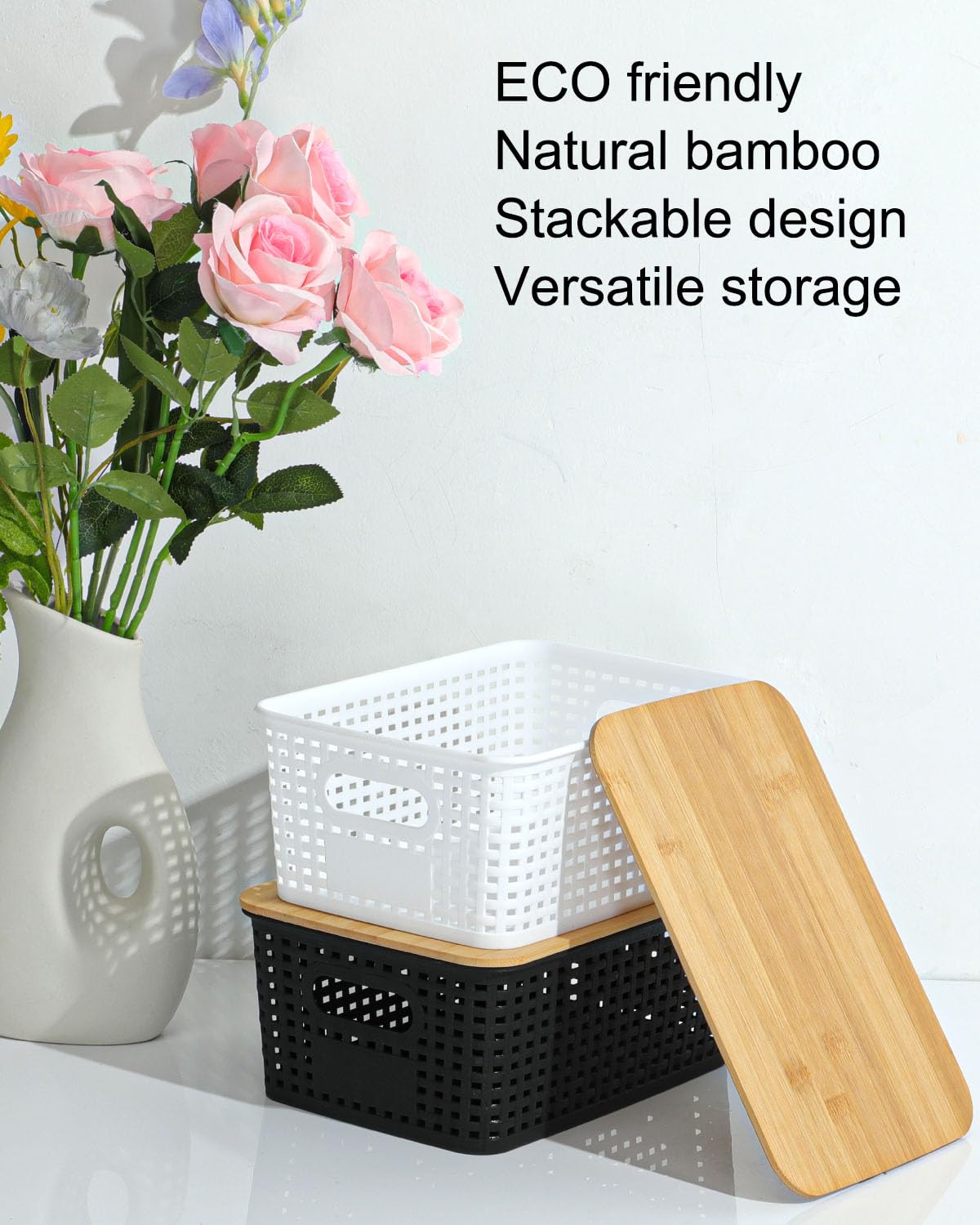 EOENVIVS bin with bamboo lid fits closet storage neatly.