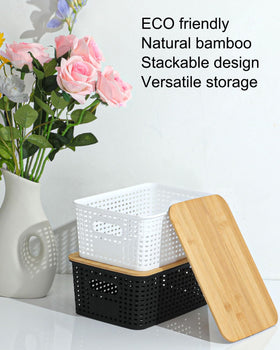 EOENVIVS bin with bamboo lid fits closet storage neatly.