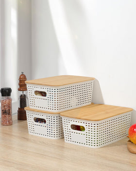 EOENVIVS office storage bin supports tidy desk arrangement.