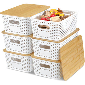 EOENVIVS plastic storage basket with bamboo lid stackable for pantry organization.