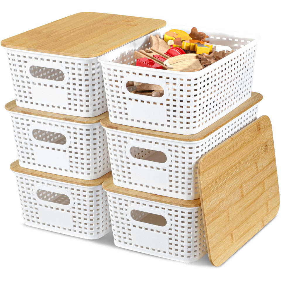 EOENVIVS plastic storage basket with bamboo lid stackable for pantry organization.