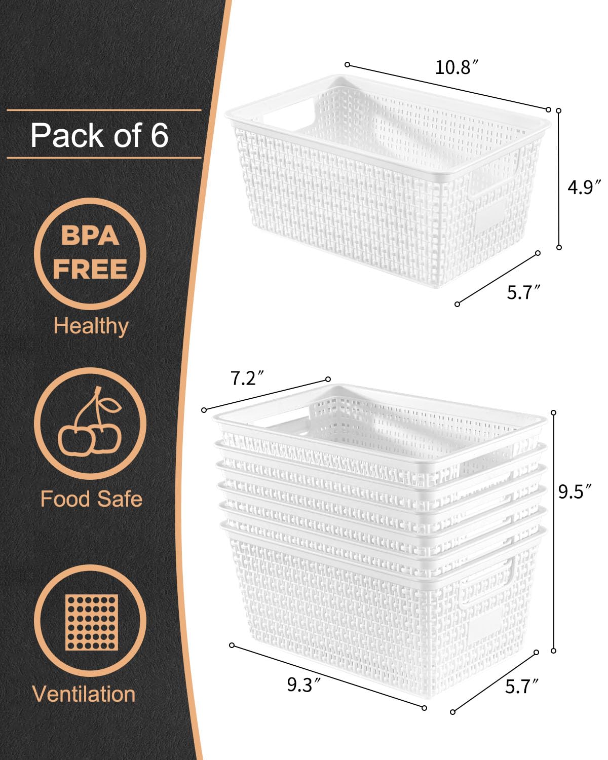 EOENVIVS white baskets side view with handles, easy to pull from high shelves.