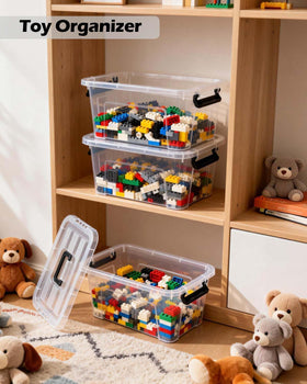 EOENVIVS stackable storage bins with grooved bottoms for stable stacking.