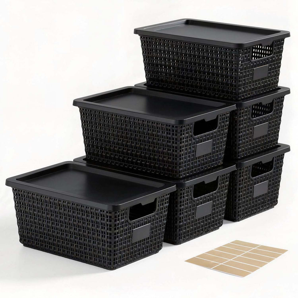 EOENVIVS storage bin lids stackable for secure, compact shelf organization.