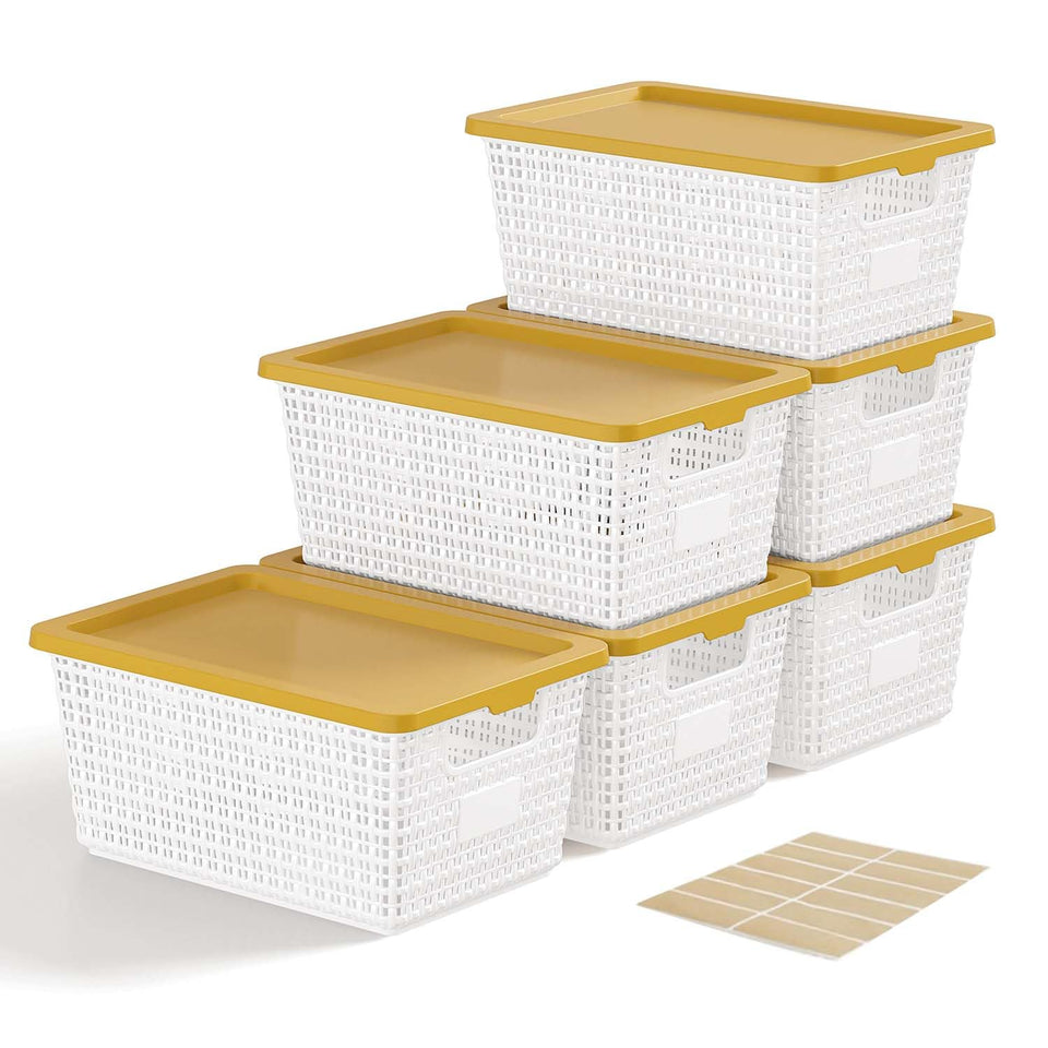 EOENVIVS storage bins with lids 6-pack on shelf for tidy pantry organization.