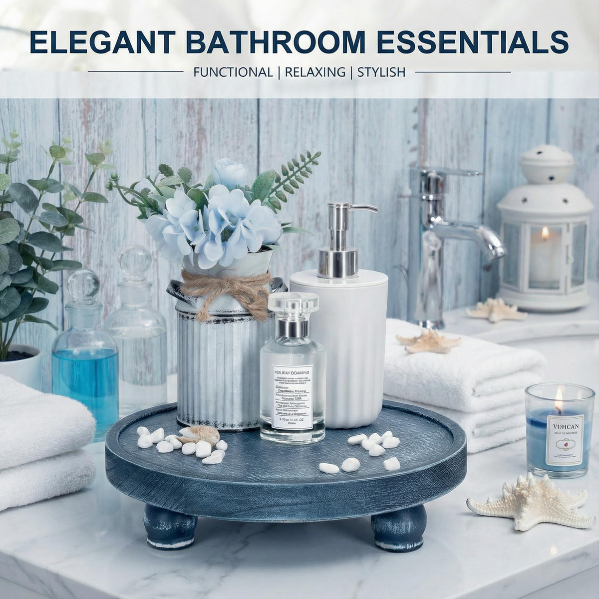 EOSAHR blue wood pedestal riser in bathroom with soap dispenser and organized counter