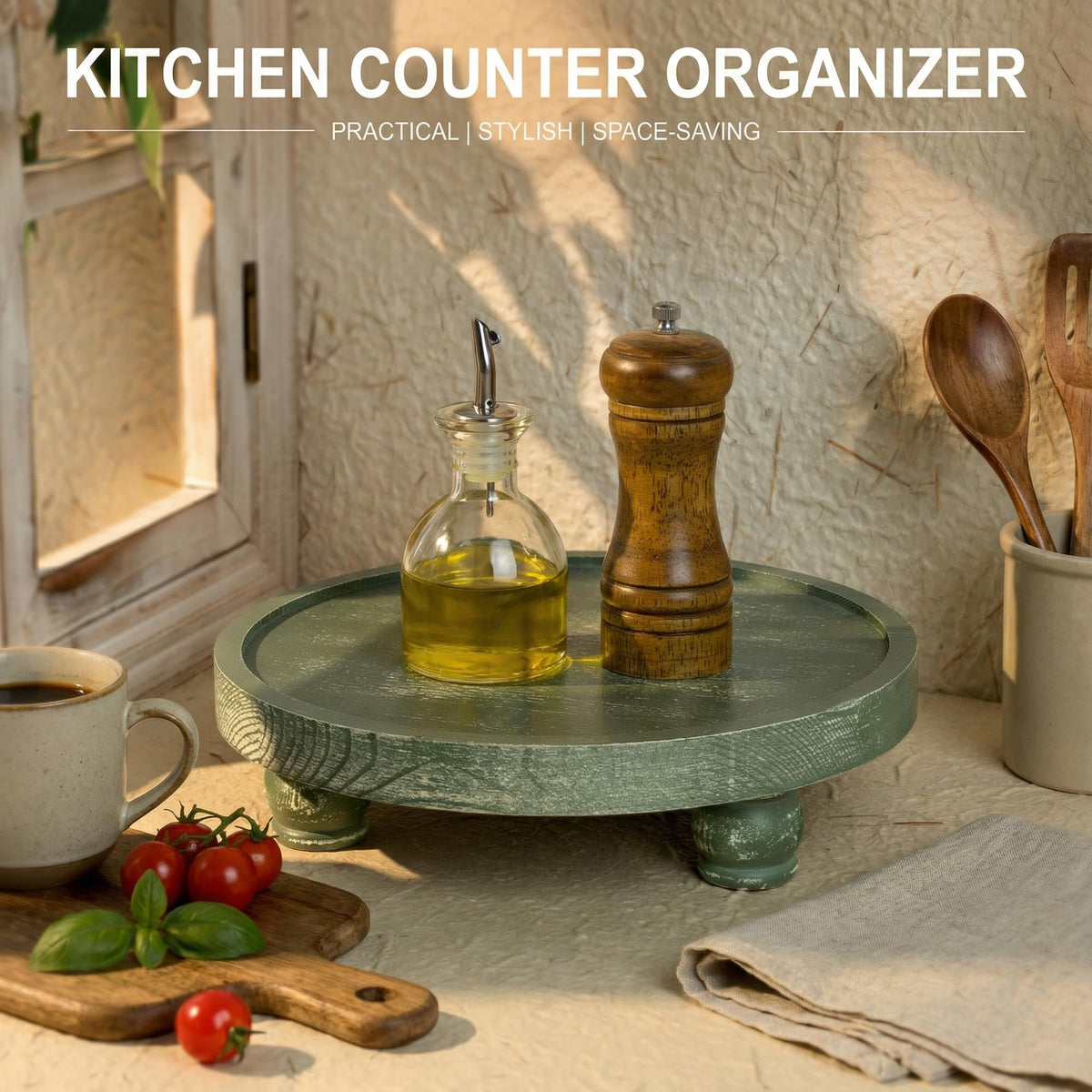 EOSAHR pine wood riser used as kitchen soap dispenser stand