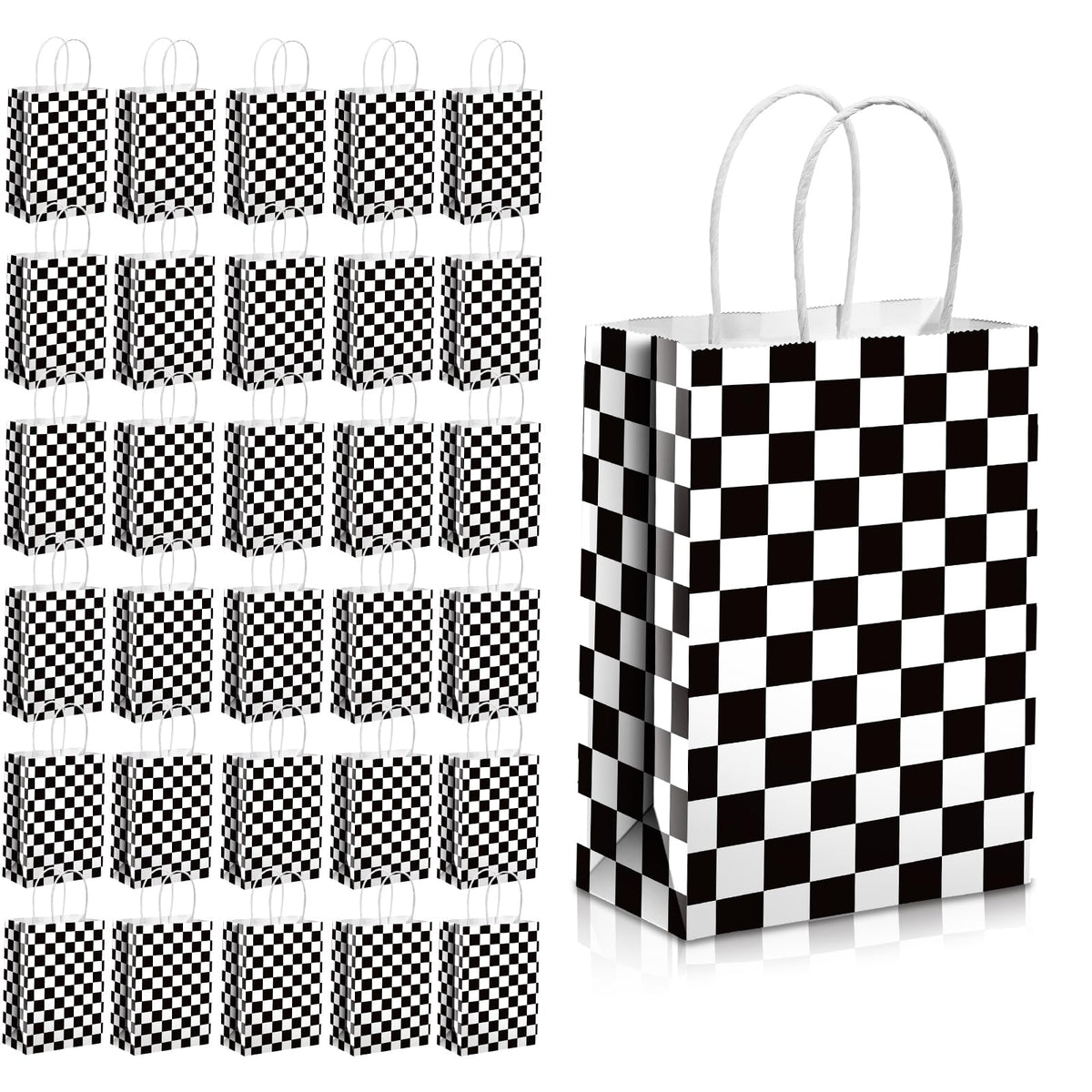 Epakh checkered racing bags with handles, easy to carry for party favors.